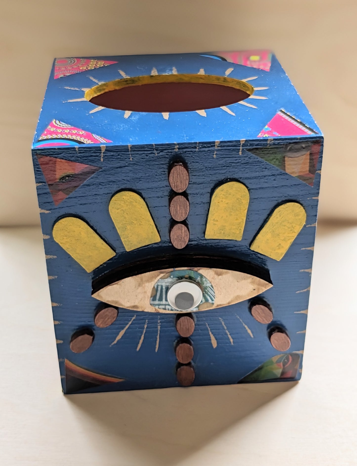 Wood painted mixed media tissue box- Blue mood mosaic eye