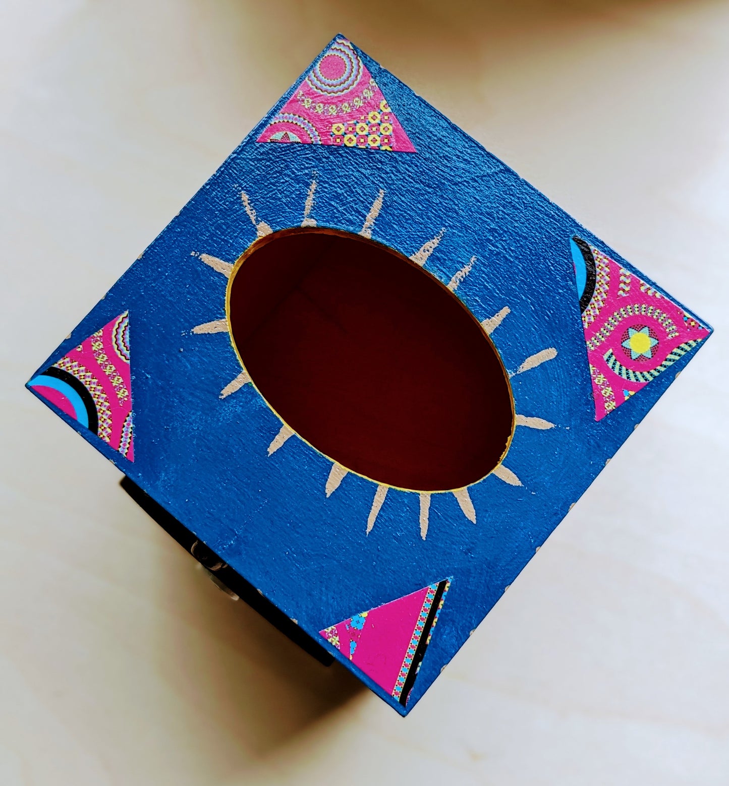 Wood painted mixed media tissue box- Blue mood mosaic eye