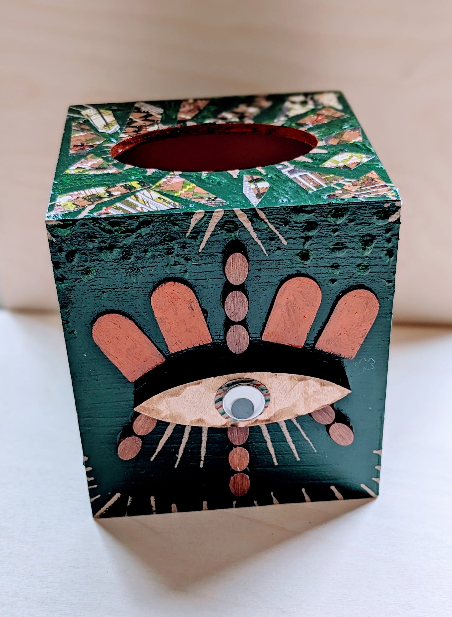 Wood painted mixed media tissue box-eye in green