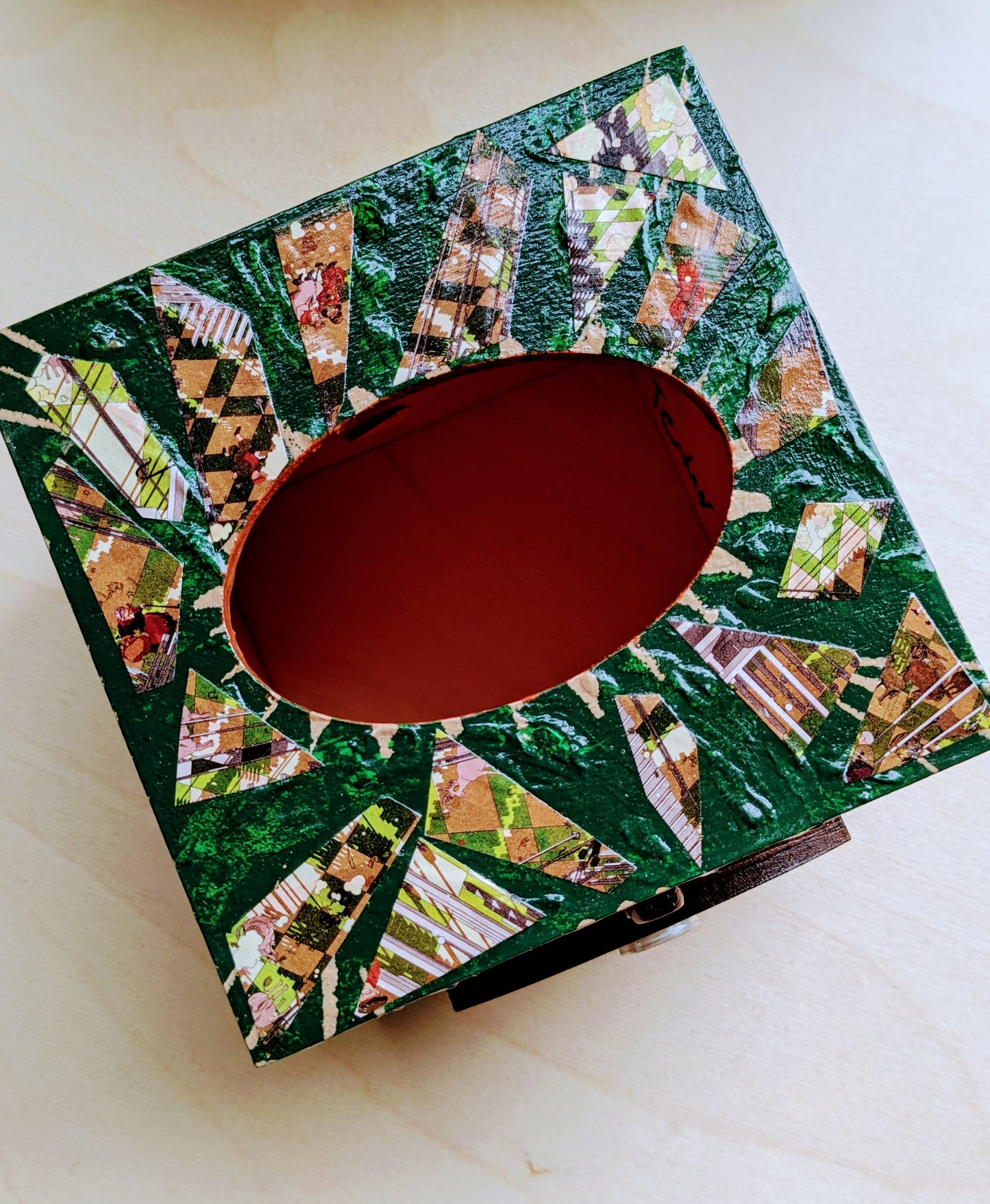 Wood painted mixed media tissue box-eye in green