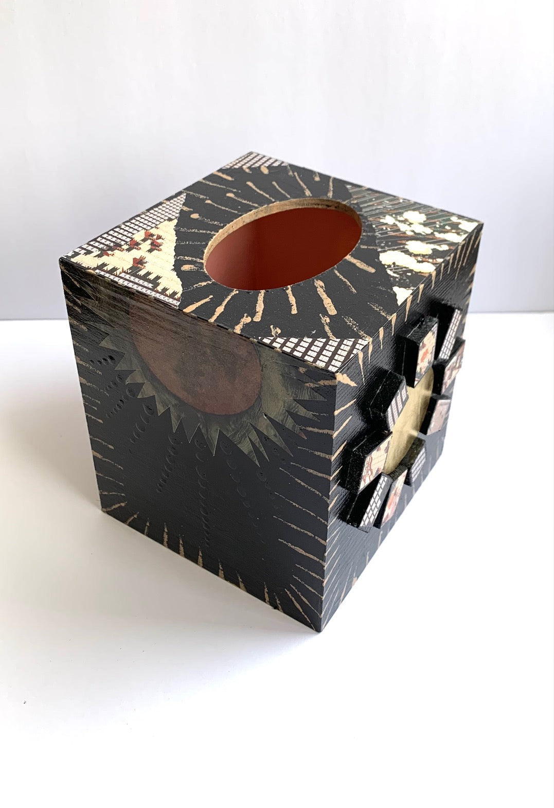 Wood painted mixed media tissue box-sun tree moon eye