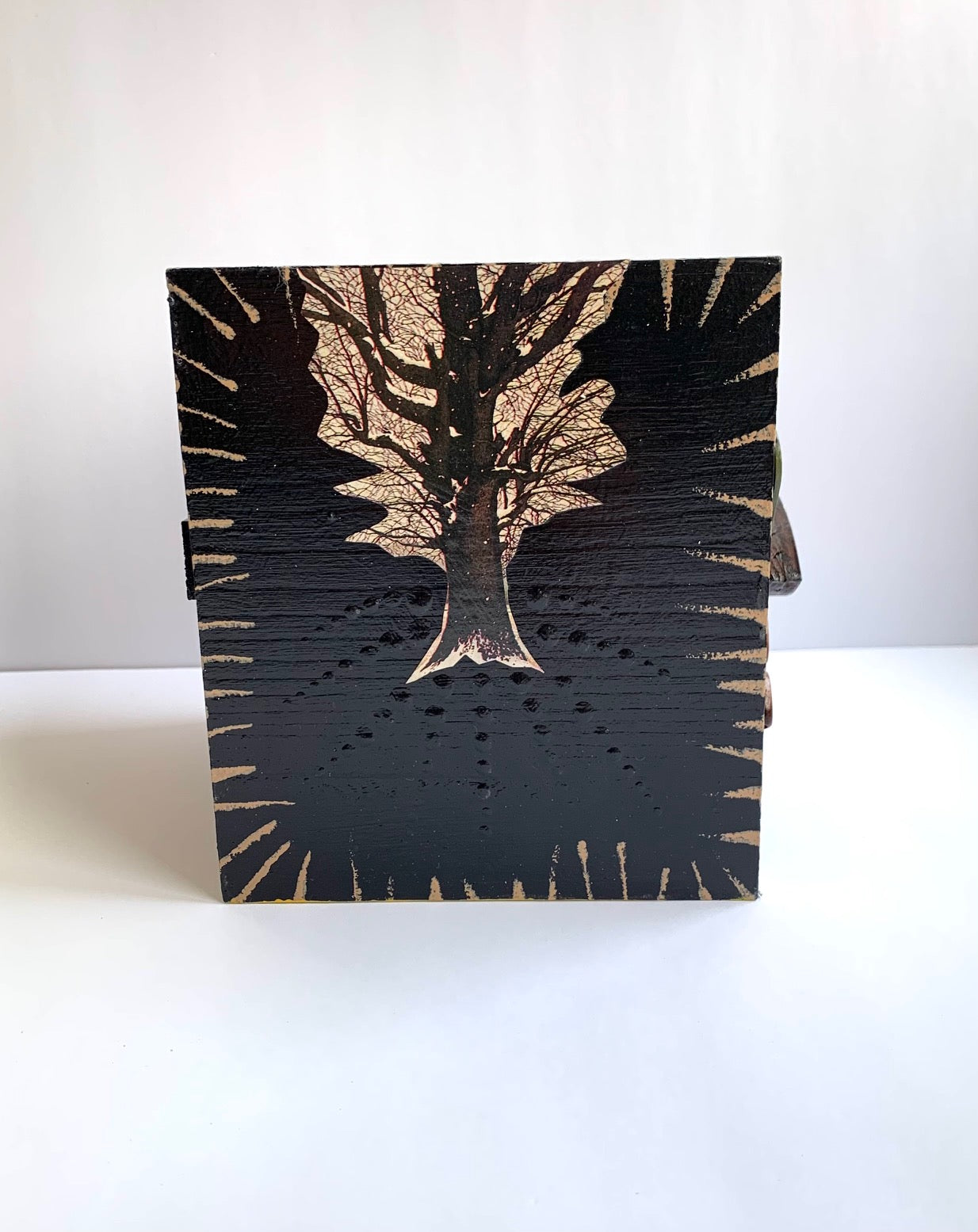 Wood painted mixed media tissue box-sun tree moon eye